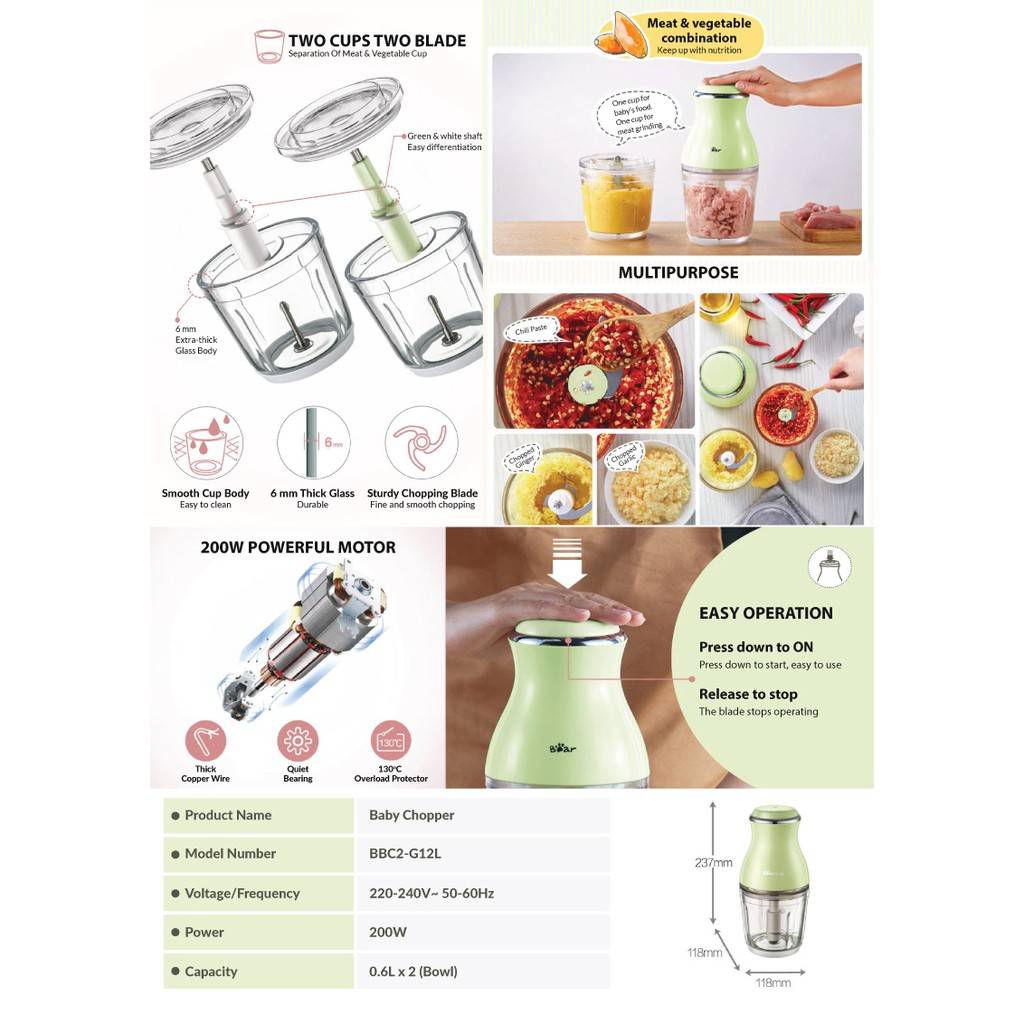 Bear Baby Food Chopper 1.2L BBC2-G12L